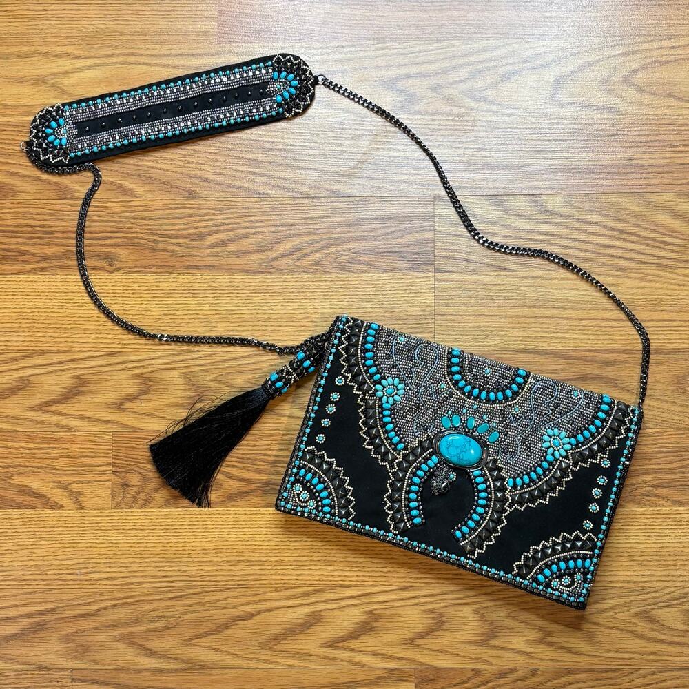 Mary Frances Black Turquoise Beaded Crossbody Bag Western Boho Tassel Purse